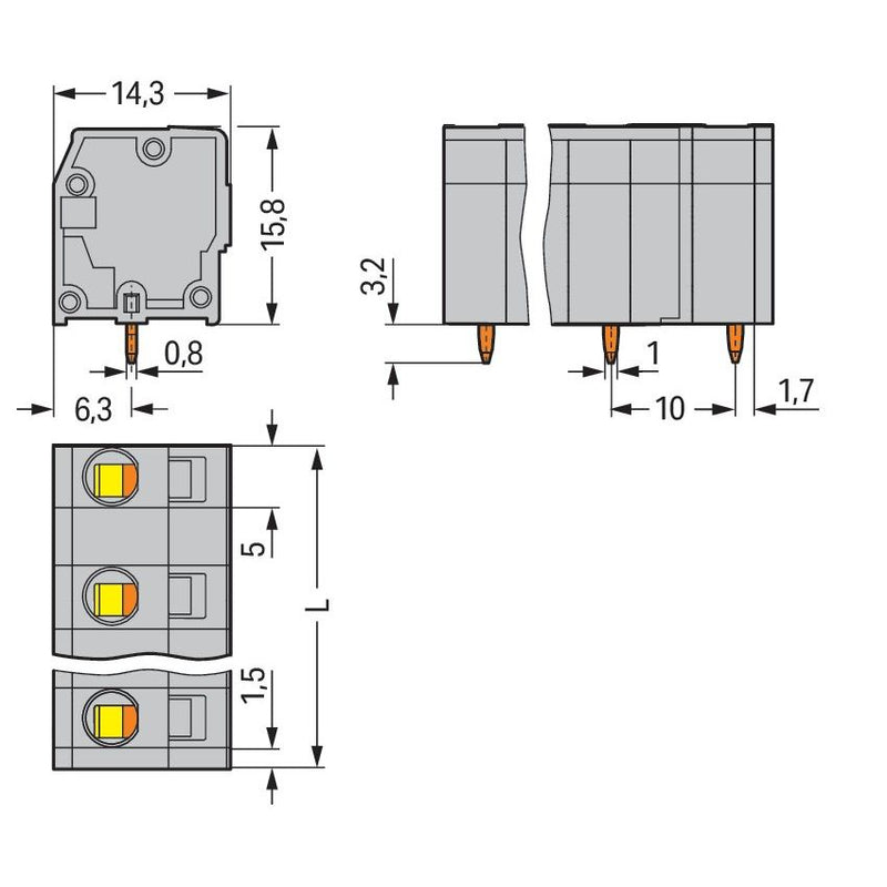 WAGO - Leiterplattenklemme 739-3203 2,5mm² − 45 Stück