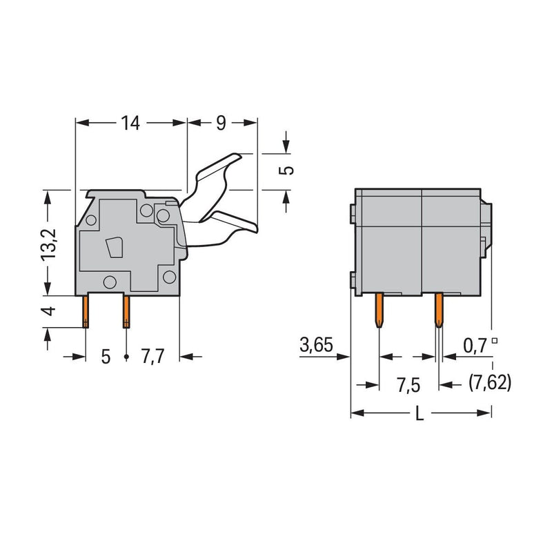 WAGO - Leiterplattenklemme 255-509/333-000 Drücker,2,5 mm²,grau − 15 Stück