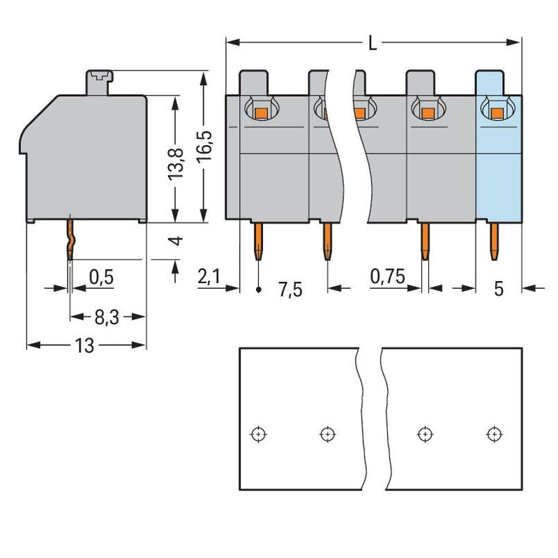 WAGO - Leiterplattenklemme 250-603 Drücker,1,5mm²,grau − 50 Stück