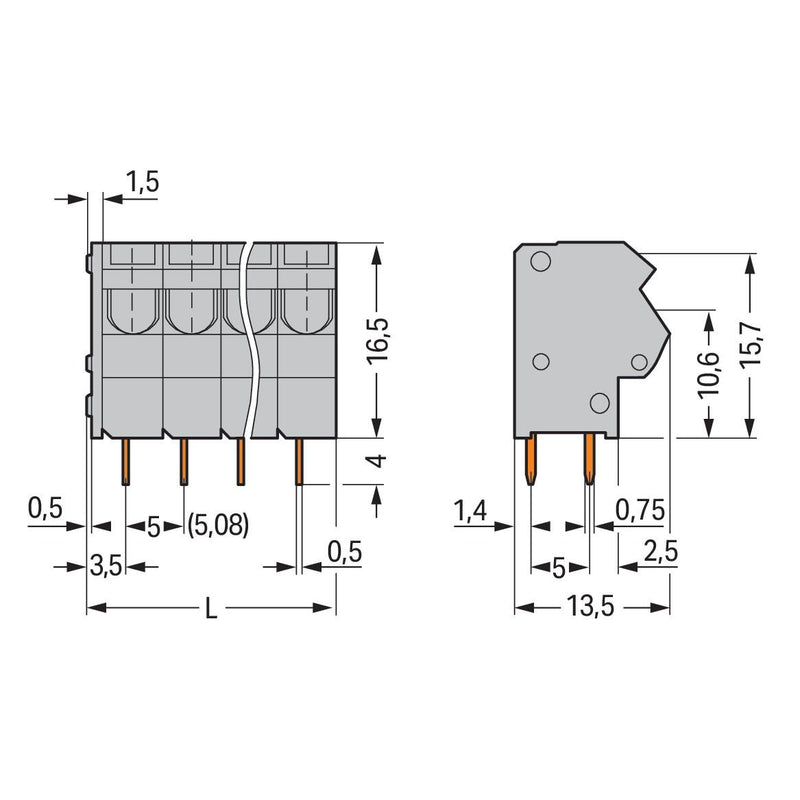 WAGO - Leiterplattenklemme 2-Leiter-Leiterplattenkle. 254-174 0,75mm² − 10 Stück