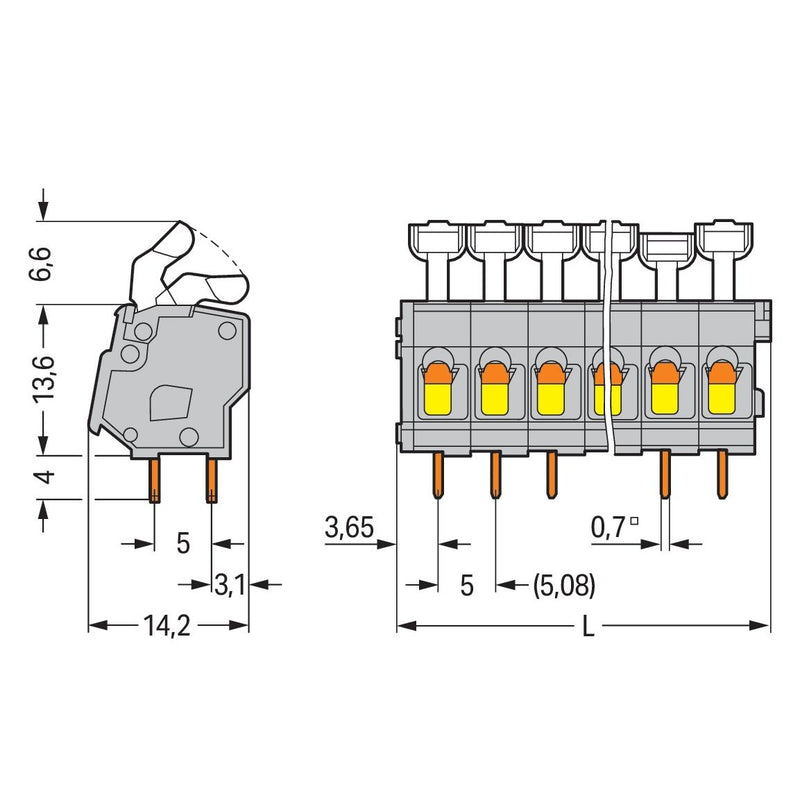 WAGO - Leiterplattenklemme 257-460 Drücker,2,5 mm²,grau − 20 Stück