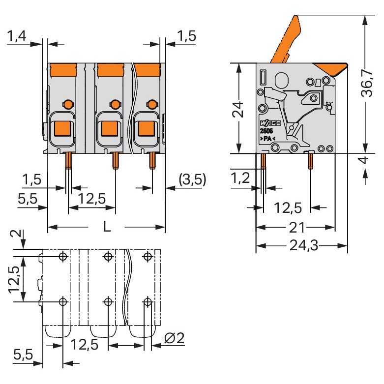 WAGO - Leiterplattenklemme Hebel 2606-1357 6mm²,grau − 26 Stück