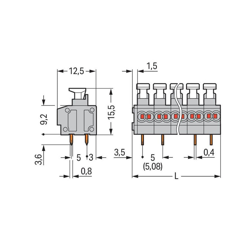 WAGO - Leiterplattenklemme 2-Leiter-Leiterplattenkle. 235-462/331-000 Drücker,0,75mm²,gr − 15 Stück