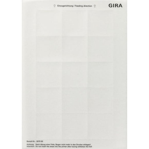 Gira - Bezeichnungsmaterial für Installationsschalterprogramme Beschriftungsboegen 52x52 287000 Zubehör