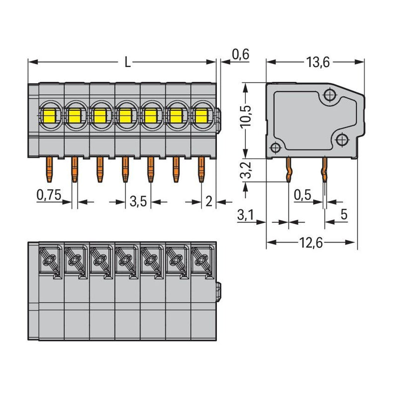 WAGO - Leiterplattenklemme 805-310 Drücker,1,5mm²,grau − 30 Stück