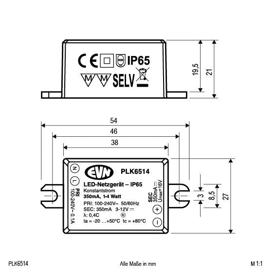 EVN Lichttechnik - LED-Betriebsgerät P-LED Netzgerät PLK6514 IP65 350mA 1-4W