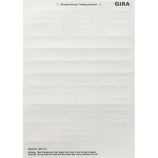 Gira - Bezeichnungsmaterial für Installationsschalterprogramme Beschriftungsbogen 2876112 11,7x66,3