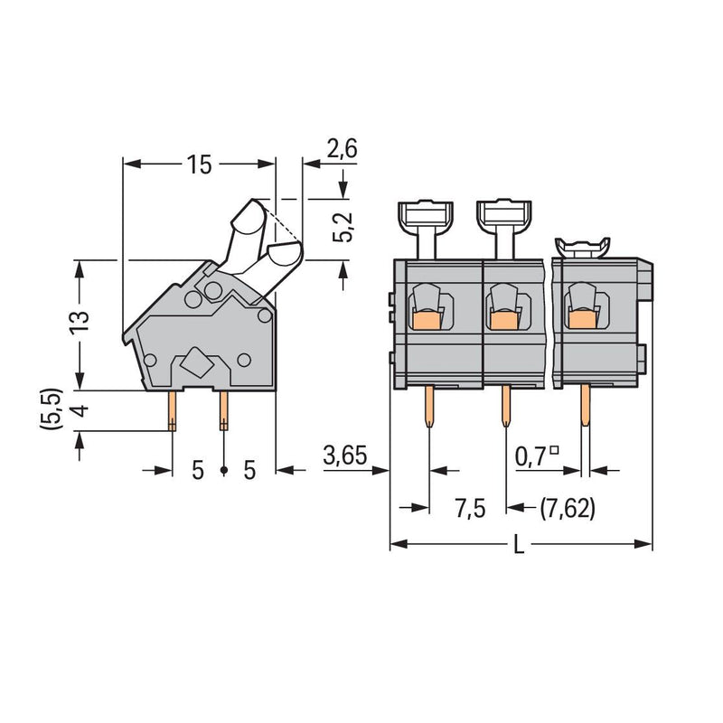 WAGO - Leiterplattenklemme Klemmleiste 256-502 0,08-2,5qmm,grau,2po − 280 Stück