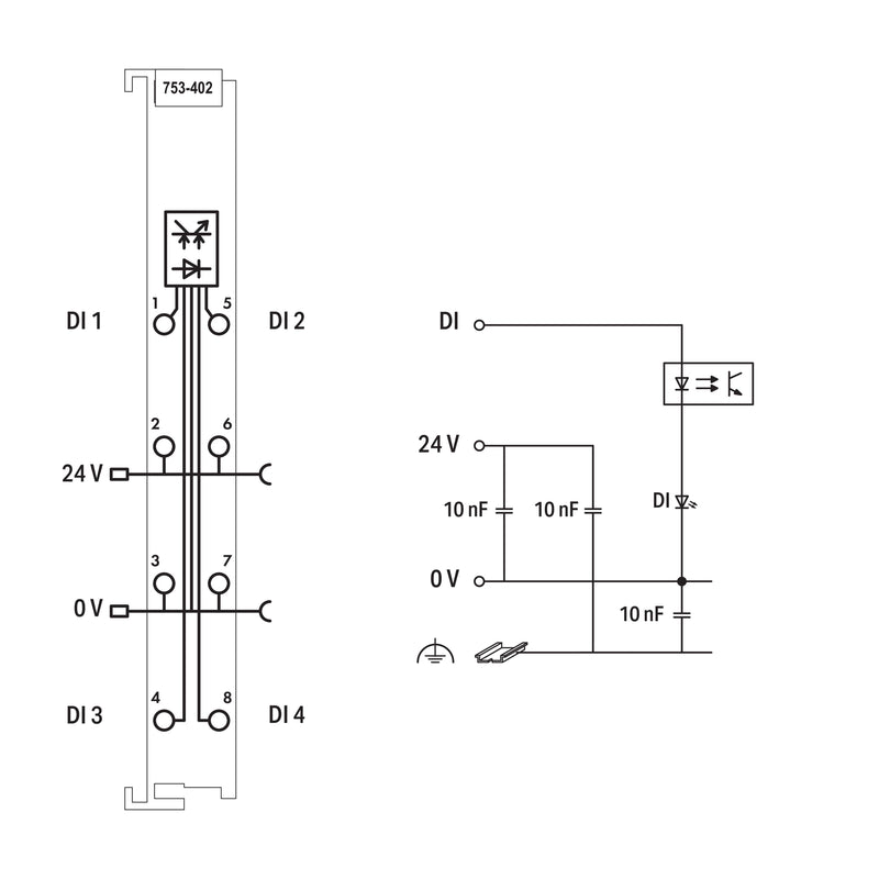 WAGO - Feldbus, Dez. Peripherie - Digitales Ein-/Ausgangs-Modul Digitale Eingangsklemme 753-402 4DI 24V DC 3,0ms