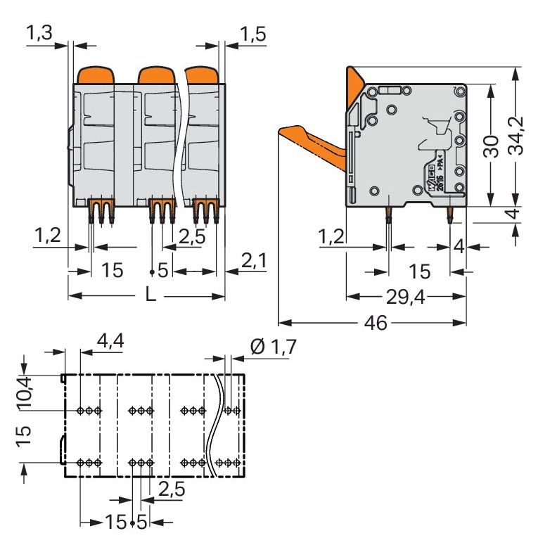 WAGO - Leiterplattenklemme Hebel 2616-3354 16mm²,grau − 28 Stück