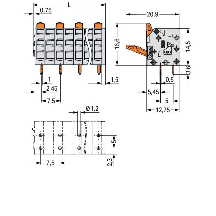 WAGO - Leiterplattenklemme 2601-3309 1,5mm²,gr − 30 Stück