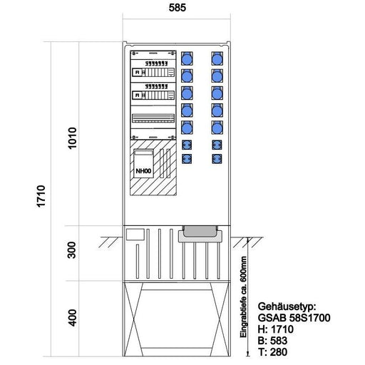 GSAB Elektrotechnik - Anschlussschrank Festplatzverteiler 58S17FP10CE164S HxBxT:1710x585x280