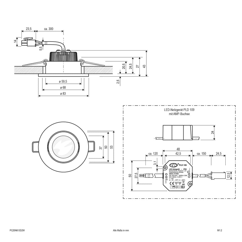 EVN Lichttechnik - Downlight/Strahler/Flutlicht P-LED Deckeneinbauleuchte PC20N613D2W 230V 3000K-2000K