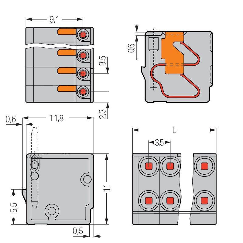 WAGO - Leiterplattenklemme 2-Leiter-Federleiste 252-307 PUSH WIRE,grau − 100 Stück