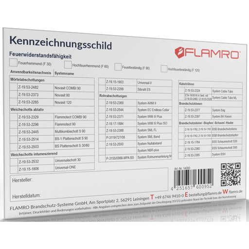FLAMRO Brandschutz - Zubehör/Ersatzteile für Brandabschottung Kennzeichnungsschild 14000 universal