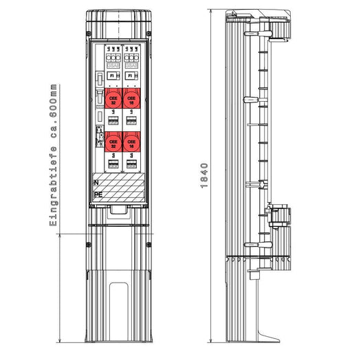 GSAB Elektrotechnik - Anschlussschrank Poller 36P1700KLSL00Sy3216 HxD: 1811x360